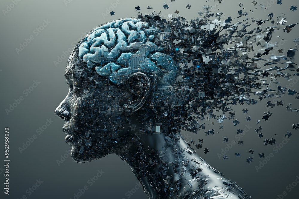 Poster a womans head with a dissolving brain into blue particles symbolizing the fragility of mental health