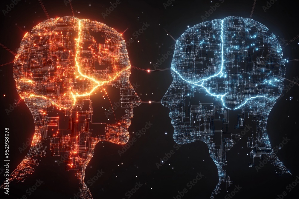Poster two glowing brains one red and one blue facing each other in a digital setting symbolizing the dynam