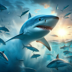 Shortfin Mako, Blue Pointer, Bonito Mackerel Predatory Shark Jumping out of the Water Showing Teeth and Pointed Snout Tropical Temperate Ocean Sea. One of the Fastest Creatures on Earth