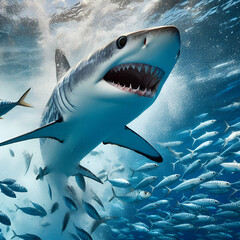 Naklejka premium Shortfin Mako, Blue Pointer, Bonito Mackerel Predatory Shark Jumping out of the Water Showing Teeth and Pointed Snout Tropical Temperate Ocean Sea. One of the Fastest Creatures on Earth