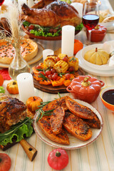 Festive table setting with tasty food for Thanksgiving Day, closeup