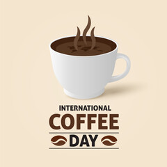 International Coffee Day. Holiday concept. Banner poster, flyer and background design template with coffee beans and mug. Vector illustration.