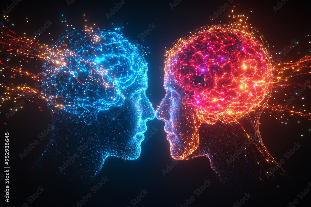 Poster Two brains one red and one blue illuminated with electric energy symbolizing the dynamic clash of ideas mental conflict and the vibrant exchange of thoughts and creativity