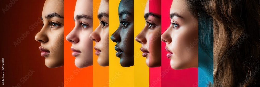 Aufkleber Faces of diverse individuals are displayed side by side, emphasizing differences and highlighting societal barriers through vibrant colors. Generative AI