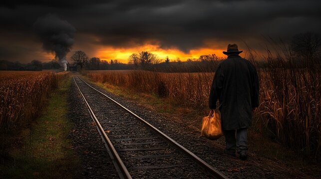 The Long Road Home: A lone man walks along train tracks towards a dramatic sunset, bag in hand, as a distant train steams away. 