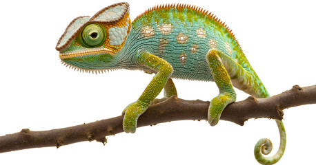 Chameleon green lizard animal isolated on white background, veiled reptile with colorful skin and camouflage, closeup of eye and tail, exotic tropical wildlife, side view of Yemen chameleon in nature