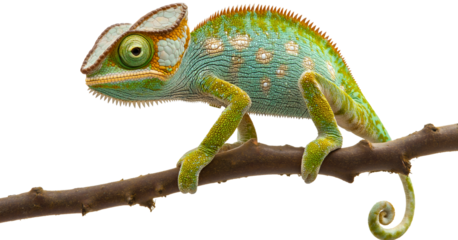 Chameleon green lizard animal isolated on white background, veiled reptile with colorful skin and camouflage, closeup of eye and tail, exotic tropical wildlife, side view of Yemen chameleon in nature