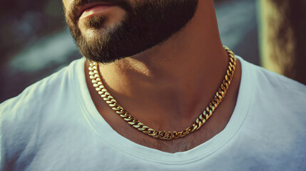 Man wearing gold necklace chain, showcasing luxury and elegance, closeup of precious jewelry and accessory, stylish and shiny, fashion and style with glamour