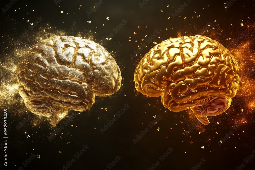 Poster two glowing golden brains floating in a dark space symbolizing wisdom enlightenment and the exchange
