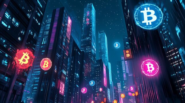 A cyberpunk city skyline with glowing Bitcoin symbols