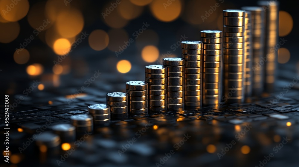 Poster dynamic 3d bar graph with metallic bars illustrating business growth and progress