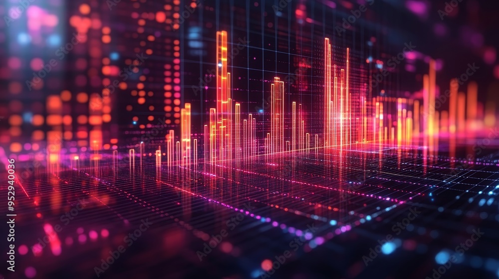 Poster futuristic bar graph illustrating sharp business growth against a digital grid background
