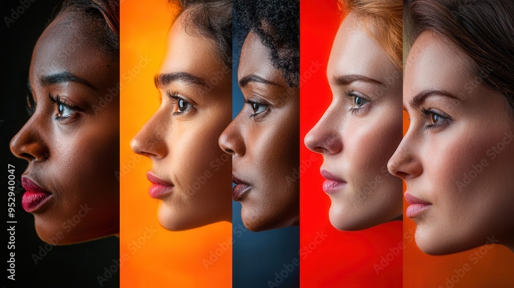 Poster faces of diverse individuals displayed against contrasting backgrounds highlight division, bias, and