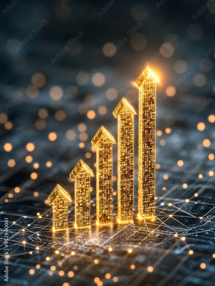 Poster futuristic bar graph illustrating sharp business growth against a digital grid background