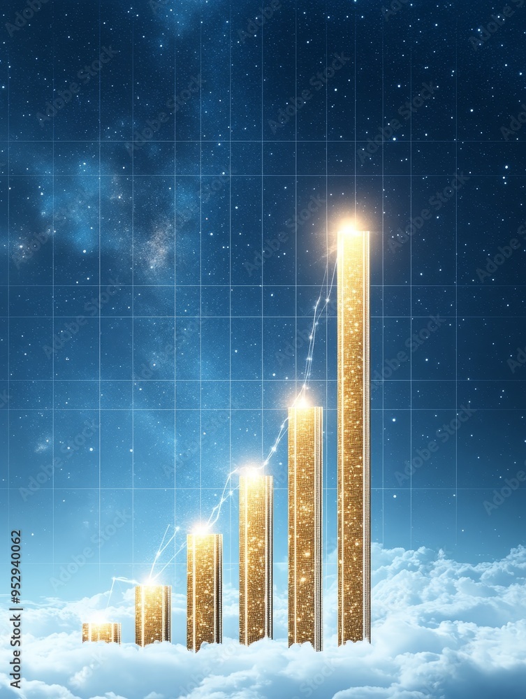Poster futuristic bar graph illustrating sharp business growth against a digital grid background