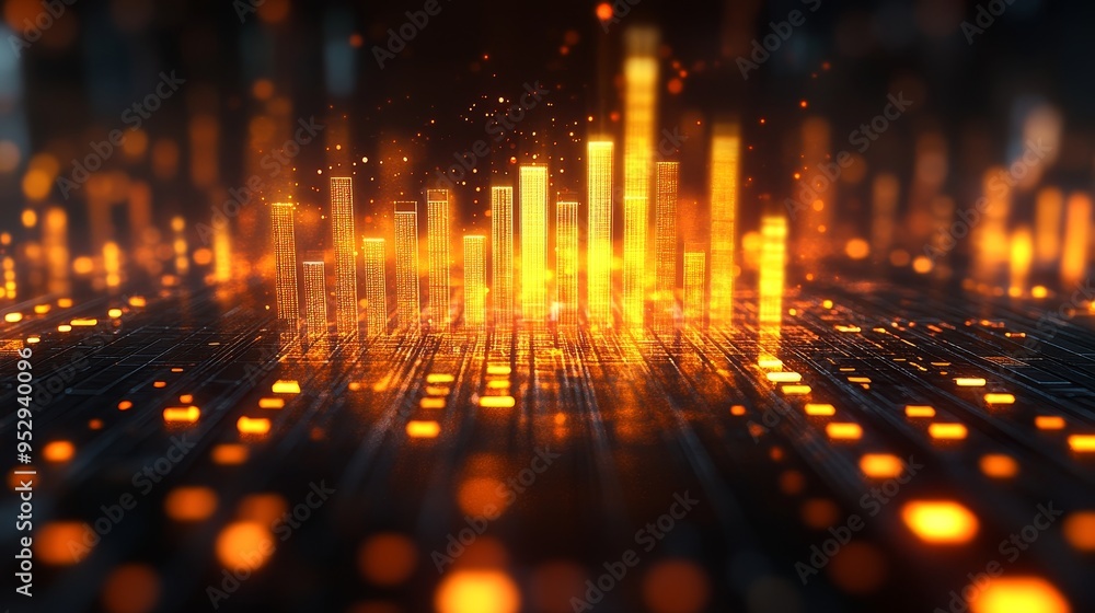 Poster dynamic metallic bar graph visualizing financial growth with glowing elements