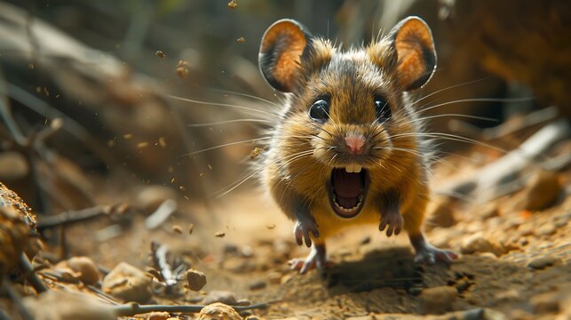 A small brown mouse with large ears and a wide open mouth, standing on its hind legs with its front paws raised in the air, looking startled or scared in a natural setting.
