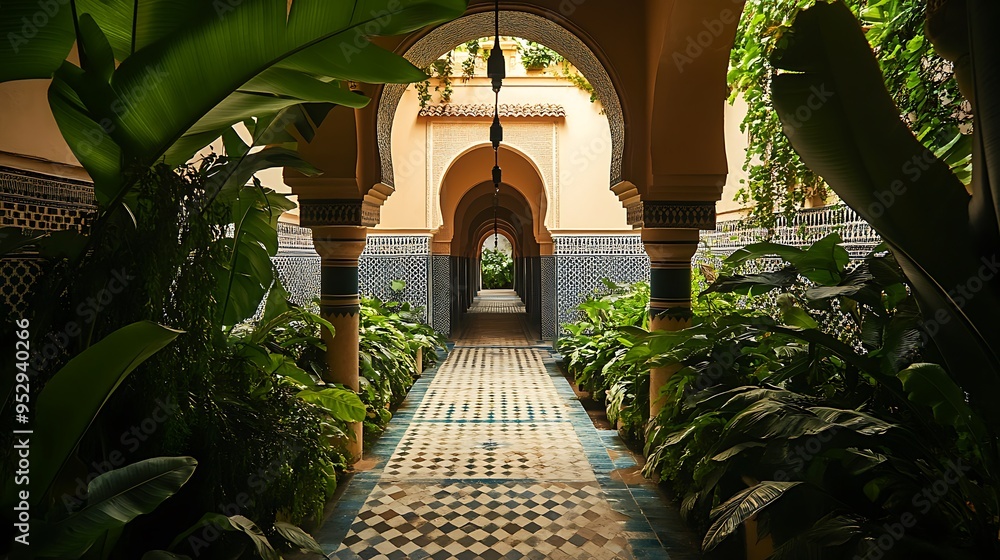 Poster a view down a tile-covered pathway through arches in a lush courtyard