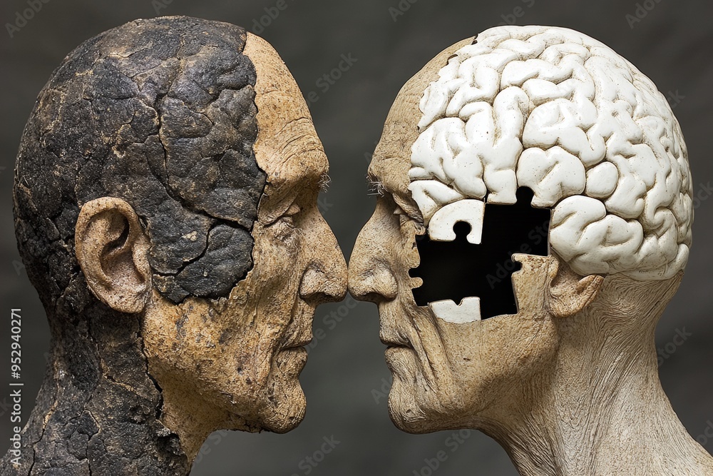 Poster two stone heads with puzzle piece brains symbolizing the timeless nature of intellectual challenges 