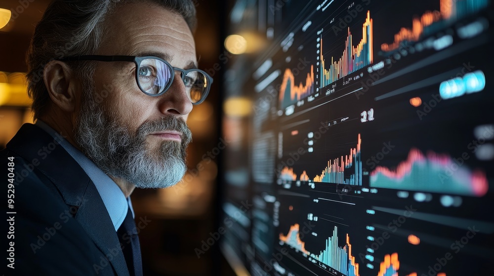 Poster executive analyzing financial trends with ai-powered predictive analytics on digital screen