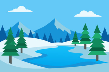 Winter Wonderland Snowy Landscape with Pine Trees and Frozen Lake