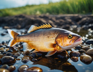 Fototapeta premium A fish lies on the sandy shore as waves gently lap at the coastline during a calm afternoon, showcasing the impact of marine life scarcity in this coastal environment. Generative AI
