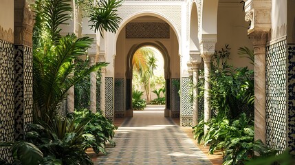 Fototapeta premium Lush Greenery and Ornate Arches in a Courtyard