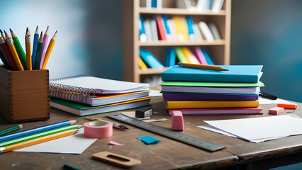 school supplies on the classroom table