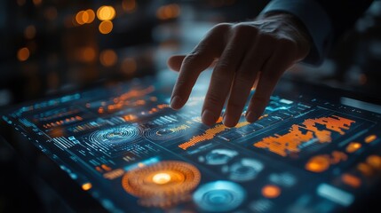 Executive Analyzing Data Charts on a Transparent Touchscreen for Strategic Decision-Making