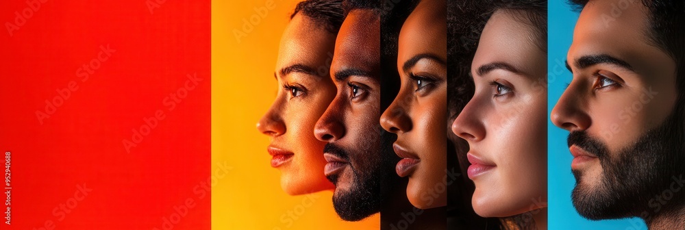 Aufkleber A vivid display highlights diverse faces, emphasizing division and bias through contrasting colors that celebrate individuality and differences. Generative AI