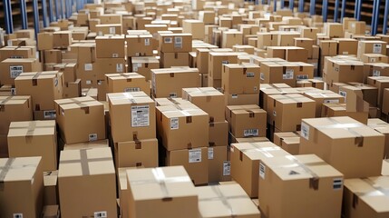 Arranged cardboard boxes in a busy distribution warehouse