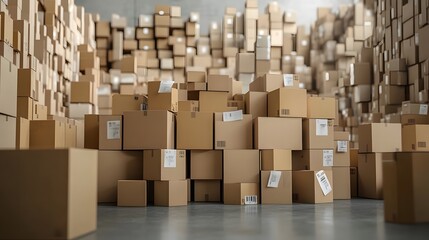 Arranged cardboard boxes in a busy distribution warehouse