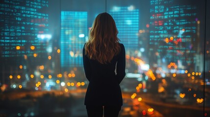 Businesswoman Analyzing Future Market Trends with Holographic Projection of Insights