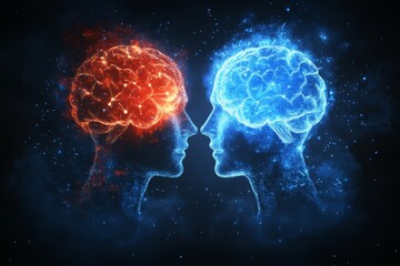 Fototapeta premium A digital composition of red and blue brains facing each other symbolizing the clash of thoughts the tension of opposing ideas and the energy generated by intellectual conflict