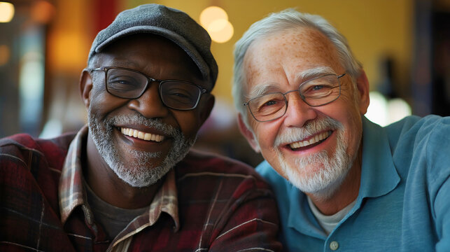 Two senior men, diverse friends bonding in a cafe, enjoying coffee and lunch together, happy and casual social meeting, smiling and laughing as they share conversation and companionship