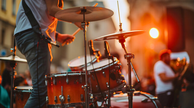 Music band live performance on city street outdoor. Drums and guitar musical instrument musician, entertainment festival show, park, artist, event