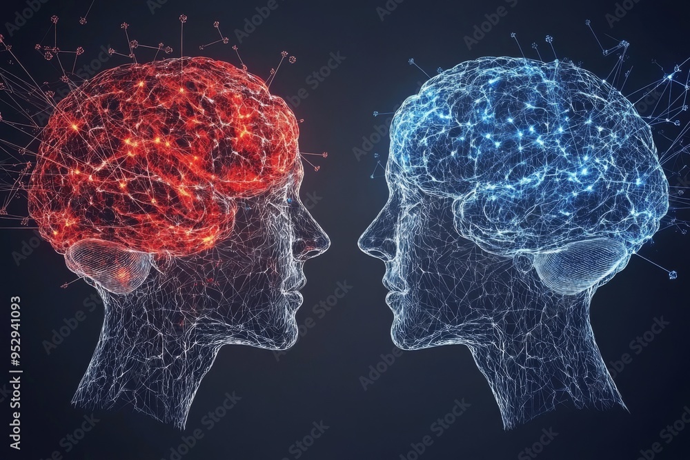 Poster two abstract faces made of wireframe brain structures one red and one blue symbolizing the balance o