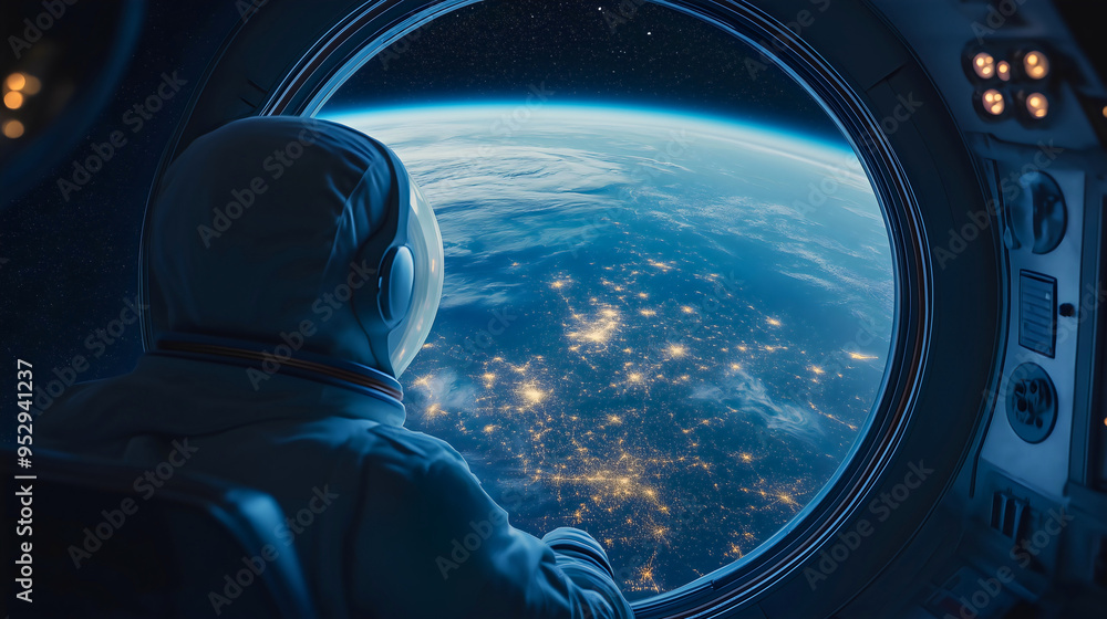Wall mural astronaut inside spaceship cabin, looking out the window at earth, exploring the universe from a roc