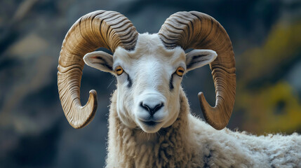 Ram goat or sheep standing strong in nature, portrait of a horned animal in the wild, power and strength of mammal, livestock in rural mountain