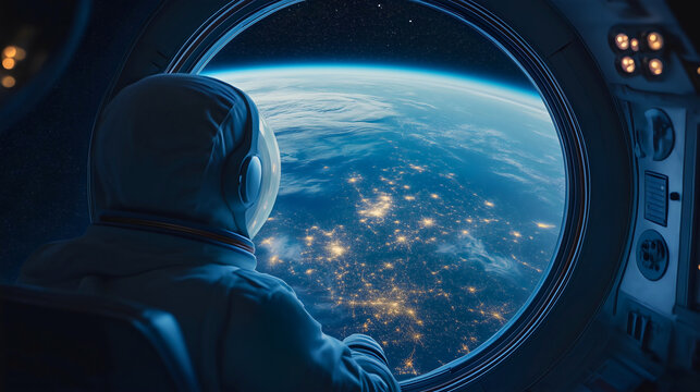 Astronaut inside spaceship cabin, looking out the window at Earth, exploring the universe from a rocket shuttle, future of space travel and technology in a cosmic background
