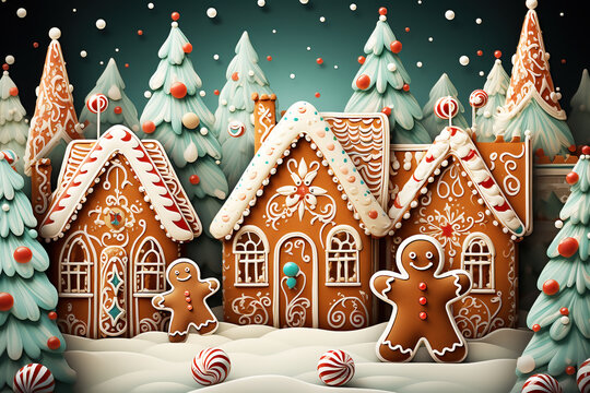 Gingerbread themed Christmas pattern with gingerbread men, houses baubles and candy canes.