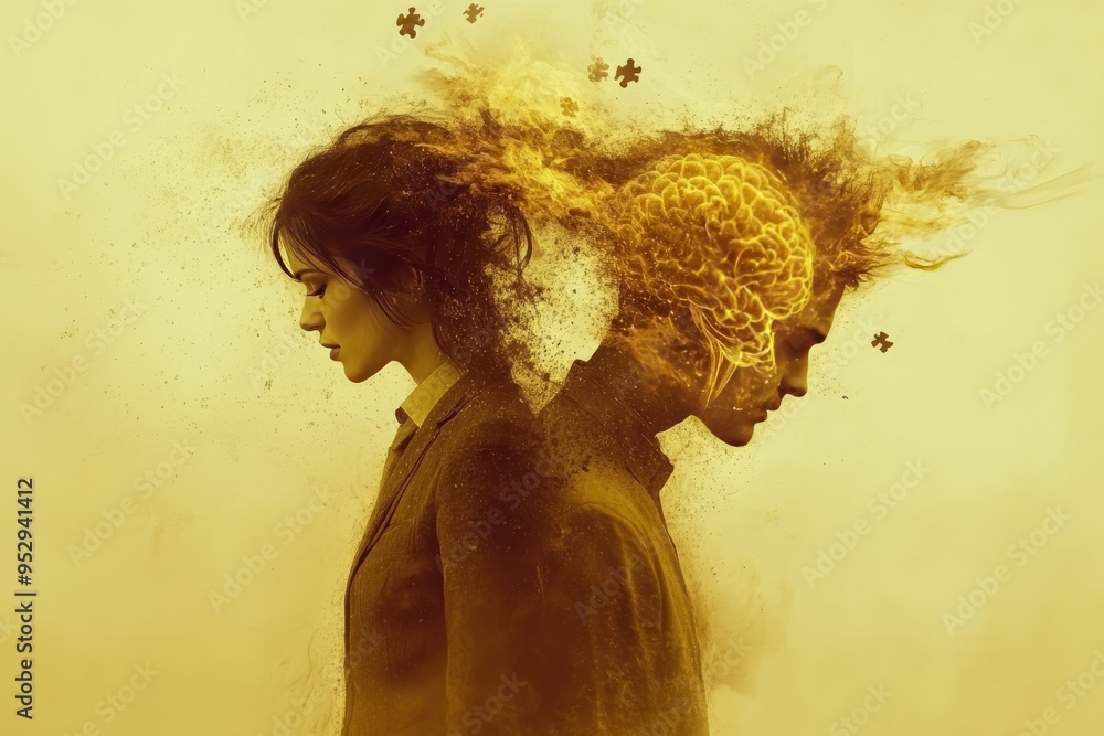 Poster a woman and man with their brains dissolving into particles symbolizing the impermanence of memory t