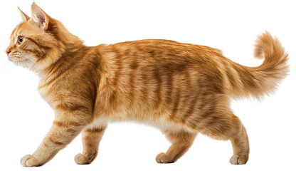 Orange tabby cat isolated on white background, curious ginger kitten walking, adorable feline pet with playful attitude, full body side view of a cute domestic animal