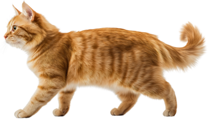 Orange tabby cat isolated on white background, curious ginger kitten walking, adorable feline pet with playful attitude, full body side view of a cute domestic animal