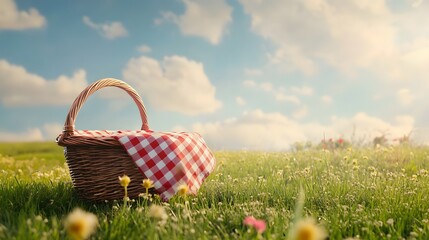 Empty picnic basket with a checkered tablecloth on a grassy meadow, surrounded by a serene landscape background