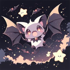 Adorable Chibi Vampire Bat Soaring Through a Sparkling Starry Night