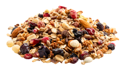 Raw and organic musli oatmeal, a dry and healthy breakfast cereal mix with fruit, isolated on transparent background, natural and delicious snack full of fiber and nutrition