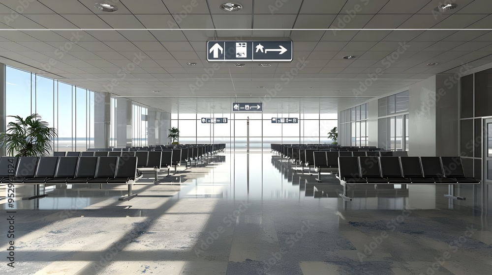 Poster A vacant airport boarding gate area, showing empty seating and visible gate numbers. The design emphasizes the open, efficient layout of the boarding area without any passengers.