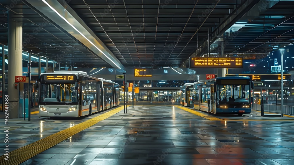 Poster a public transit hub within an airport, with empty bus and shuttle bays and clear, easy-to-read sign