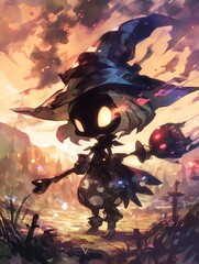 Adorable Chibi Witch Monster Casting Spells in a Whimsical Cartoon Landscape